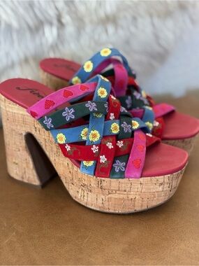 Free People Multicolor Embroidered Platform Sandals - Red, Pink, Blue, Green